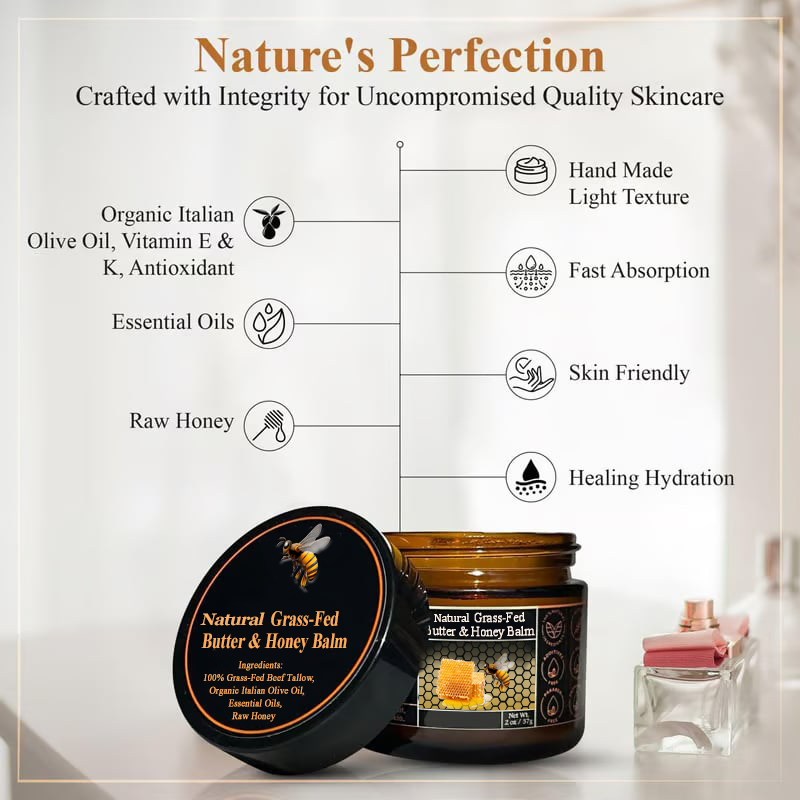 Natural Grass-Fed Butter & Honey Balm- Handmade All-Natural Moisturizer for Soft, Smooth, Radiant Skin